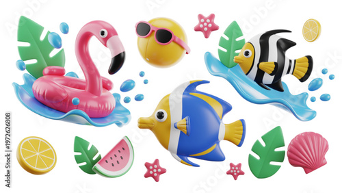 Colorful tropical birds and fish swimming in a vibrant underwater scene Vector