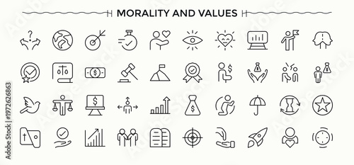 Morality And Values icon set. Contain linear sign corporate, honesty, responsibility, value and more. Morality icon set. Minimal icons pack. Pixel perfect. Editable vector.