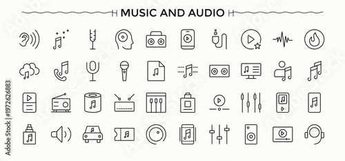 Music And Audio icon set. Modern linear icons. Contains such icons as dj, musical, sound, instrument. Editable stroke vector art. Audio linear icon collection.