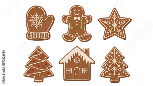 Collection of festive gingerbread house and star decorations in brown tones Vector
