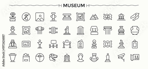 Museum icon set. Contains such symbols as artist, antique, culture, history, art, historical, ancient and more. Antique simple icon set. Isolated icons. Editable stroke collections.