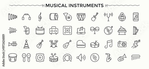 Musical Instruments modern icon set. Modern thin line style icons. Vector artwork and illustration. Instrument icon pack. Included entertainment, bass, concert, sound and more.