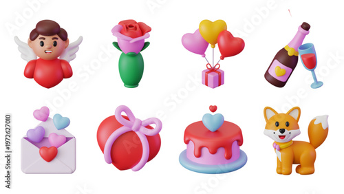 Colorful cartoon characters in playful poses with heart shapes Vector