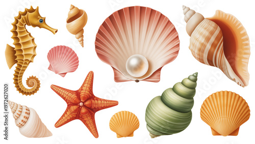 Colorful assortment of seashells and starfish displayed together Vector