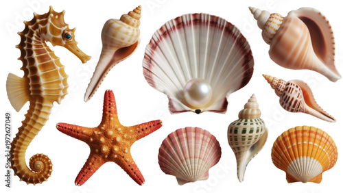 Assorted colorful seashells and starfish displayed together Vector