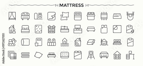 Bedding related icon set. Contain linear symbols bedchamber, bed, house, furniture, room, bed room, living. Vector collections. Bedchamber simple icon set.