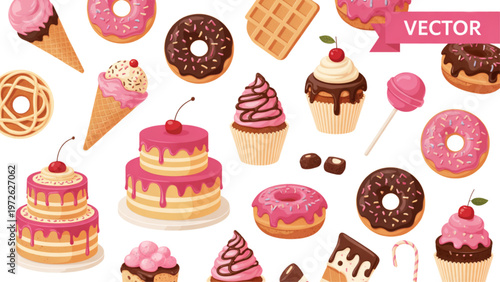 Colorful assortment of sweet desserts and ice cream treats Vector