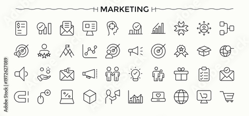 Marketing icon set. Contain linear symbols ads, campaign, advertising, business and more. Market line icon set. Icons for UI designs. Editable vector illustration.