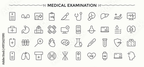 Medical and Pharmaceutical icon. Minimal thin line web icons set. Health related icon set. Pictograms of pharmaceutical, pharma, medical, treatment, pill, disease and more.