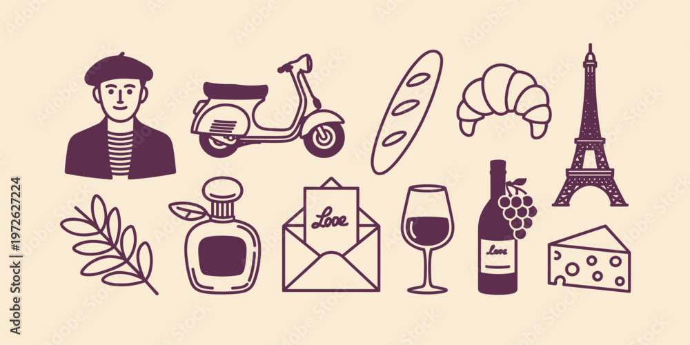Ταπετσαρία French man scooter baguette croissant eiffel tower wine