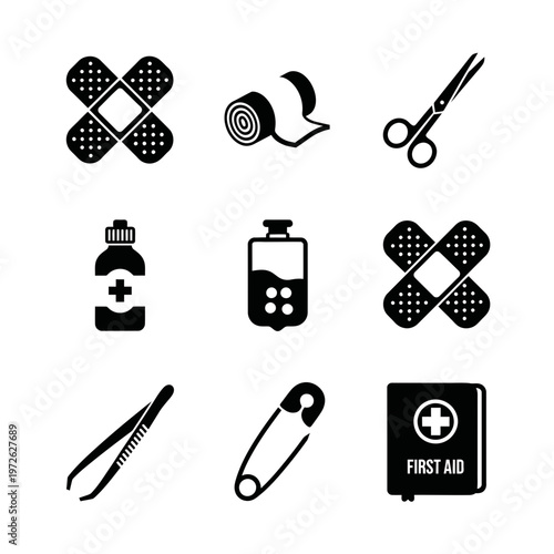 First Aid Kit Medical Supplies Icons.