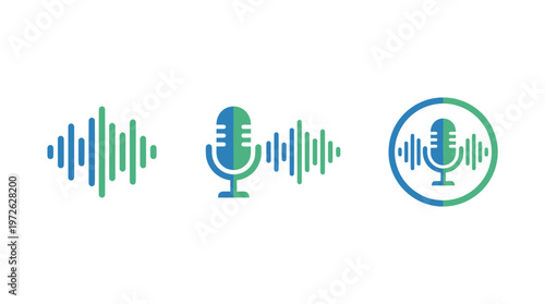 Microphone and Sound Wave Icons: Podcast, Recording, Audio, Voice, Music