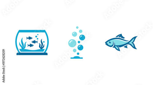 Aquarium Fish and Bubbles Icon Set - Aquatic Life and Water Elements