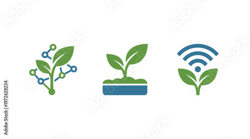 Smart farming icons: plant growth, network connection, and wireless technology