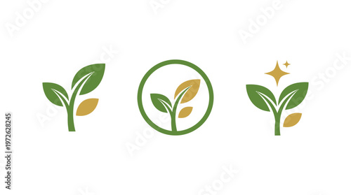 Eco friendly plant logo ideas, green leaf sprout symbols, organic growth icons