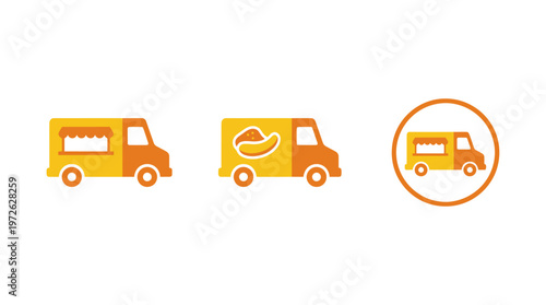 Food Truck Icons Set: Mobile Kitchen, Banana Truck, Circular Emblem