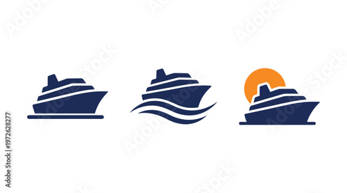 Cruise Ship Icons: Set of 3 Nautical Voyage Symbols with Sun and Waves