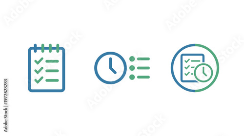 Checklist, Clock, and Timer Icons: Task Management, Time Tracking, and Planning Concept