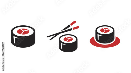 Sushi Rolls and Chopsticks Icon Set: Japanese Food Vector Illustration