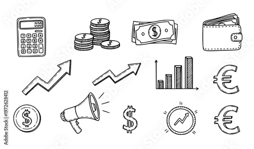 Hand drawn finance doodle icons business money sketch vector collection