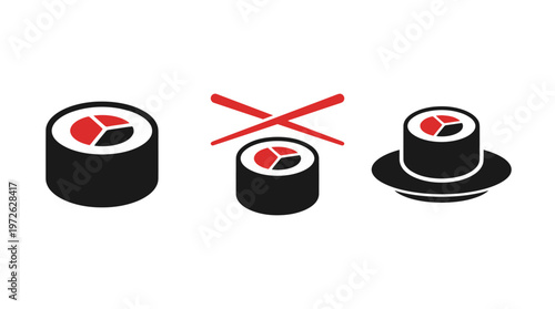 Sushi Icon Set: Maki Roll, Chopsticks, and Plate - Minimalist Design