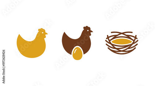 Chicken Icons: Hen, Egg, Nest - Farm, Organic, Natural Food Vector Graphics