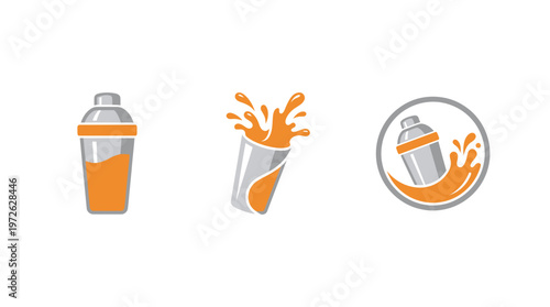 Cocktail shaker icons: full, splashing, and in a circle with splash