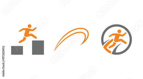Orange Runner Icon Set: Hurdles, Speed Lines, and Circular Motion