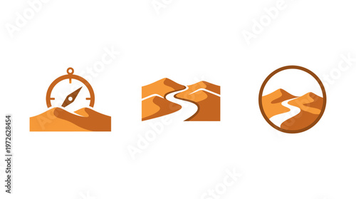 Desert Landscape Icons: Compass, Winding Path, and Circular Scene