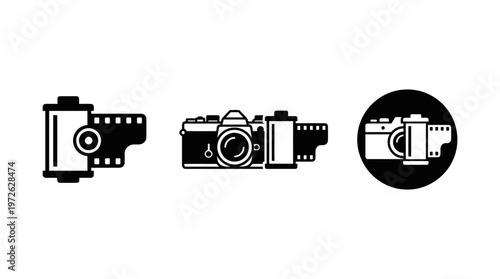 Vintage Camera and Film Roll Icons - Photography Symbol Collection