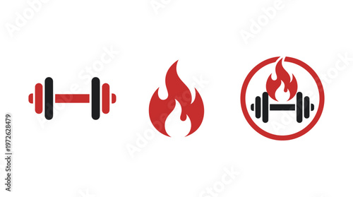 Fitness Workout Icon Set: Dumbbell, Fire Flame, Dumbbell in Circle with Fire