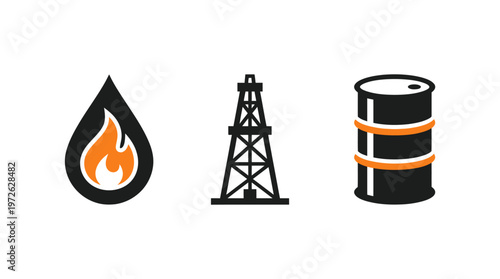 Oil drop with flame, oil rig, and barrel icons isolated on white