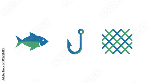 Fishing Icons: Fish, Hook, and Net on White Background