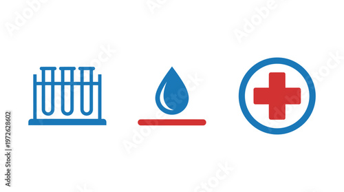 Medical Icons: Test Tubes, Blood Drop, and Cross Symbol on White Background