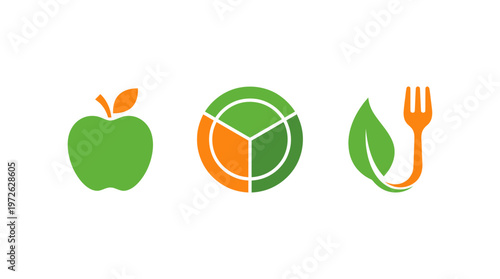 Healthy Food Icons: Apple, Nutrition Circle, Fork with Leaf