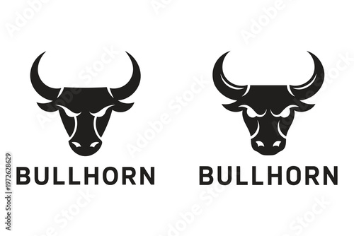 A graphic depiction showcases two black bull heads facing each other with the word bullhorn appearing below each high-quality professional
