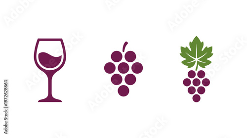 Wine Glass and Grapes Icons: Alcohol Beverage and Vineyard Harvest Symbol