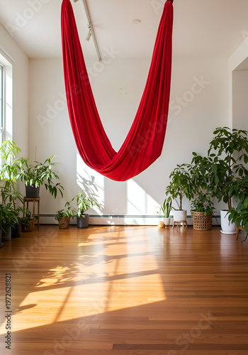 Red fabric hammock hanging in a bright, plant-filled yoga studio. Sunlight streams into the room, casting shadows on the hardwood floor.