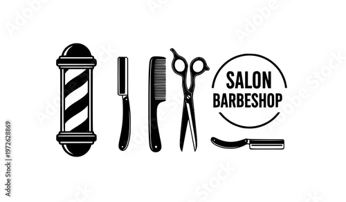 Barber Pole Lamp and Barbershop Logo Vector Badge Illustration on White