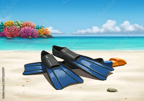 Pair of blue and black flippers and snorkel on a tropical beach with coral reefs in the background. Relaxed resting position on the sandy shore.