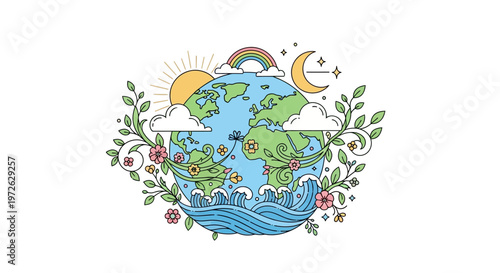 Earth Globe with Colorful Floral Wreath.