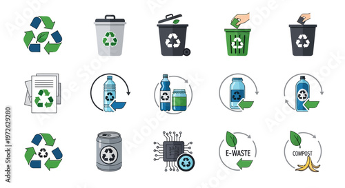 Recycling symbols and waste management icons.