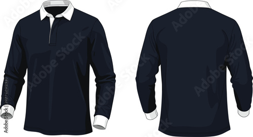 Technical fashion flat sketch of men's long sleeve rugby polo shirt featuring navy body with white collar and cuffs for apparel design.