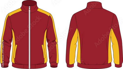 Technical Fashion Flat Sketch of Unisex Track Jacket Featuring Full Zip Front Contrast Side Panels and Stand Collar for Apparel Design Tech Pack Templates