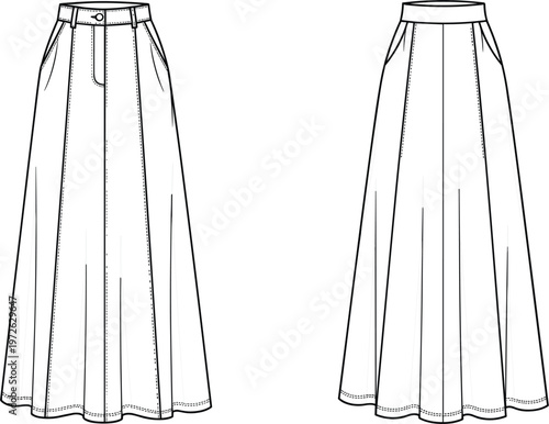 Technical fashion flat sketch vector of a long maxi skirt featuring front and back views with high waist button closure and pleated details for apparel design development clothing manufacturing.