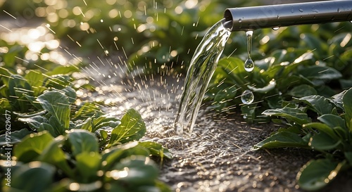 Watering plants with a hose in a garden.