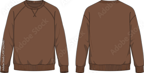 Technical fashion flat sketch vector of a brown raglan crewneck sweatshirt featuring front and back views with ribbed cuffs and hem for apparel design development clothing manufacturing.