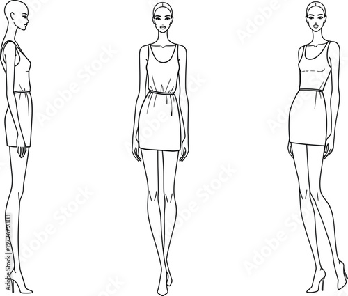 Female fashion croquis vector set featuring three model figure templates wearing mini dresses for technical apparel design and clothing illustration sketches.