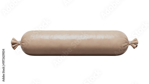 A cylindrical package of natural brown sausage wrapped in a mesh net. Vector