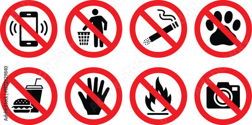 Prohibited, icon set with no phone litter smoking pets eating drinking touch fire photography, restriction symbols, safety rules, clean vector illustration.